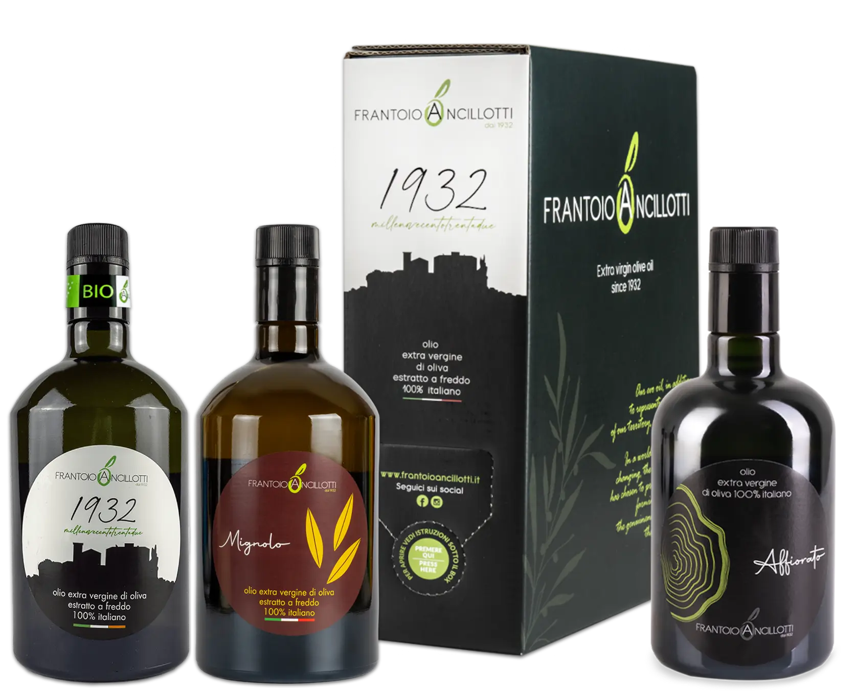 The Frantoio Ancillotti extra virgin olive oil range: bottles and bag-in-box